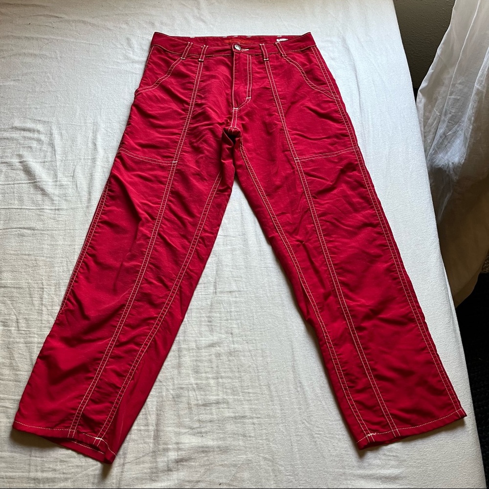 Eckhaus Latta red straight leg cropped contrast stitch pants